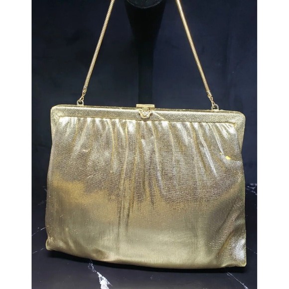 Delicate GOLD Satin Handbag Harry Levine USA Crystal Clasp Clutch w/ Coin Purse - Picture 1 of 10